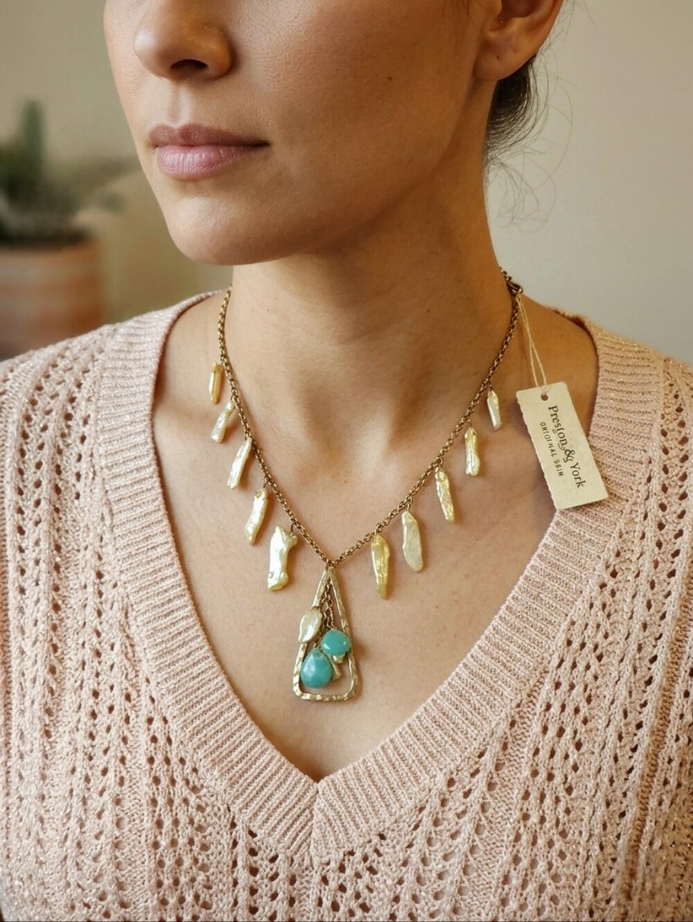 Preston & York Gold-Tone Pearl Fringe Necklace with Turquoise Drops